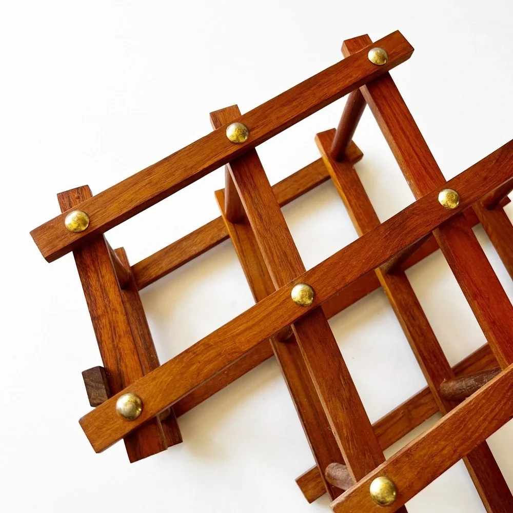 Vtg Mid Century Folding Accordion Solid Teak Wood Wine Rack Thailand 5 Bottles